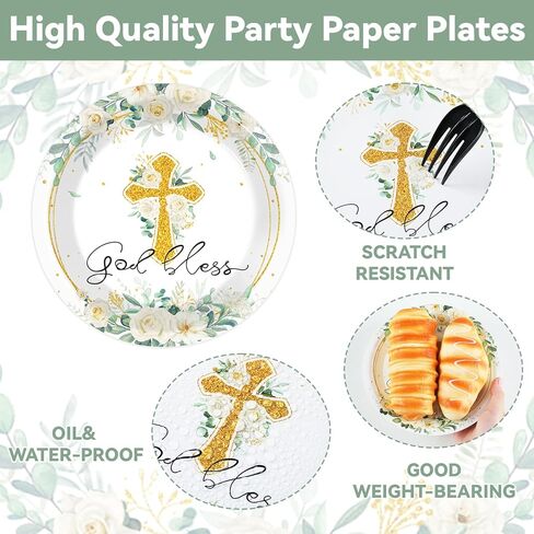 48PCS God Bless Flower Plates Baptism Party Supply First Holy Communion Blue Floral Tableware Mi Bautizo Disposable Paper Plate for Christening Ceremony Newborn Religious Favor 7 * 7inch in Kuwait