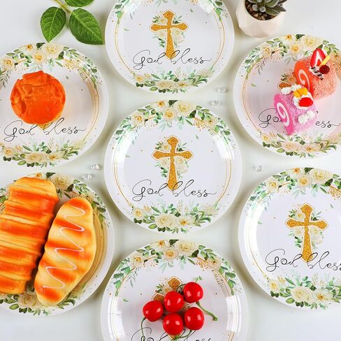 48PCS God Bless Flower Plates Baptism Party Supply First Holy Communion Blue Floral Tableware Mi Bautizo Disposable Paper Plate for Christening Ceremony Newborn Religious Favor 7 * 7inch in Kuwait