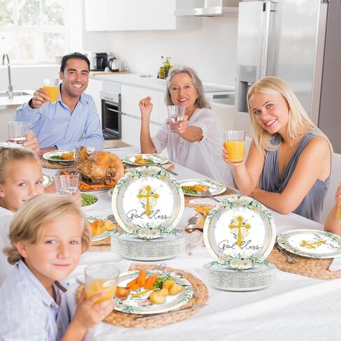 48PCS God Bless Flower Plates Baptism Party Supply First Holy Communion Blue Floral Tableware Mi Bautizo Disposable Paper Plate for Christening Ceremony Newborn Religious Favor 7 * 7inch in Kuwait