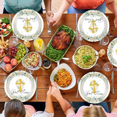 48PCS God Bless Flower Plates Baptism Party Supply First Holy Communion Blue Floral Tableware Mi Bautizo Disposable Paper Plate for Christening Ceremony Newborn Religious Favor 7 * 7inch in Kuwait