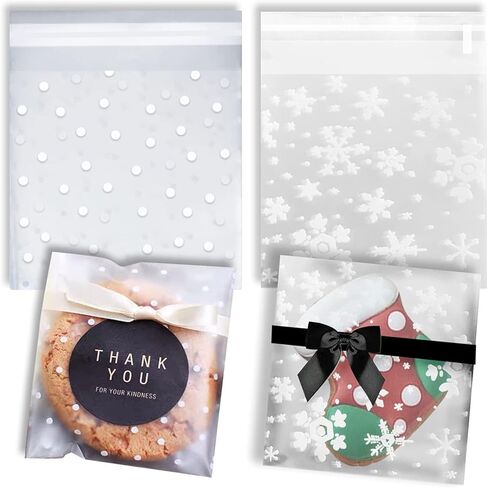 XGiGiX مجموعة أكياس البسكويت/الحلوى/الحلوى ذاتية اللصق - 200 قطعة. أكياس سيلوفان فروستيد منقطة باللون الأبيض (4 × 4 بوصة، 100 قطعة). أكياس تشيلو شفافة كبيرة وقابلة للإغلاق للمخبوزات (4.7 بوصة × 4.7 بوصة، 100 قطعة). (100 نقطة بيضاء +100 عقدة) in Kuwait