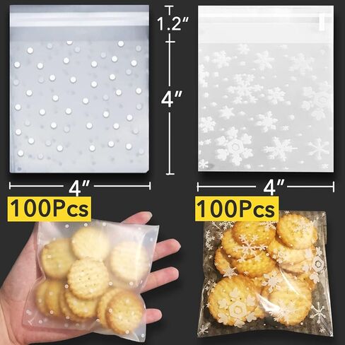 XGiGiX مجموعة أكياس البسكويت/الحلوى/الحلوى ذاتية اللصق - 200 قطعة. أكياس سيلوفان فروستيد منقطة باللون الأبيض (4 × 4 بوصة، 100 قطعة). أكياس تشيلو شفافة كبيرة وقابلة للإغلاق للمخبوزات (4.7 بوصة × 4.7 بوصة، 100 قطعة). (100 نقطة بيضاء +100 عقدة) in Kuwait