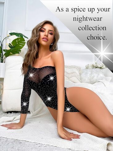 Fishnet Lingerie for Women Sexy Cut Out Teddy Lingeries Sparkle Rhinestone One Piece Mesh Bodysuit Long Sleeve in Saudi Arabia