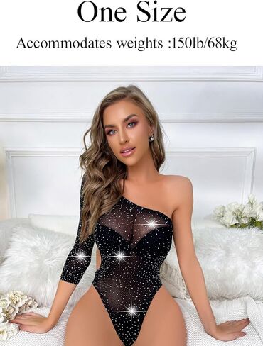 Fishnet Lingerie for Women Sexy Cut Out Teddy Lingeries Sparkle Rhinestone One Piece Mesh Bodysuit Long Sleeve in Saudi Arabia