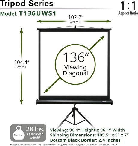 Elite Screens Tripod Series, 136-INCH 1:1, 16:9, 4:3, Adjustable Multi Aspect Ratio Portable Indoor Outdoor Projector Screen, 8K/4K Ultra HD 3D Ready, US Based Company 2-YEAR WARRANTY, T136UWS1- Black in Saudi Arabia