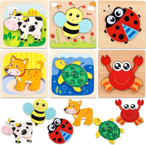 AMOR PRESENT 6PCS Wooden Toddler Puzzles, Montessori Jigsaw Puzzles Wooden Animal Puzzles Preschool Toy Gift for Kids Educational Developmental Toys in Saudi Arabia