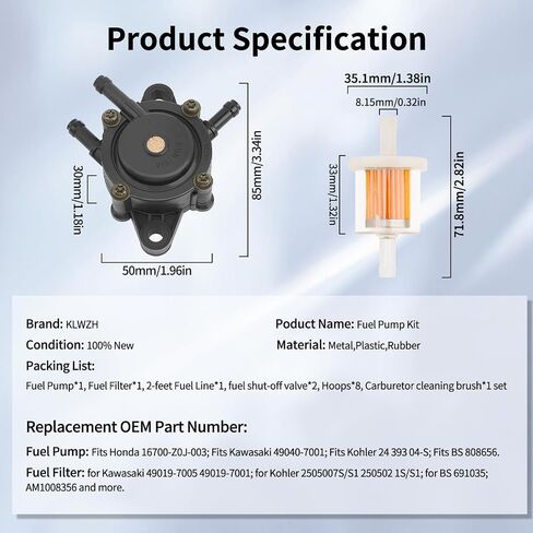 808656 691034 Fuel Pump for BS 491922 Kohler 24 393 04-S 24 393 16-S Honda 16700-Z0J-003 Predator 212 Fuel Pump JD LG808656 M145667 Kawasaki 49040-7001 Fuel Filter & Fuel Line Shut Off Valve in Saudi Arabia