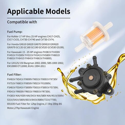 808656 691034 Fuel Pump for BS 491922 Kohler 24 393 04-S 24 393 16-S Honda 16700-Z0J-003 Predator 212 Fuel Pump JD LG808656 M145667 Kawasaki 49040-7001 Fuel Filter & Fuel Line Shut Off Valve in Saudi Arabia