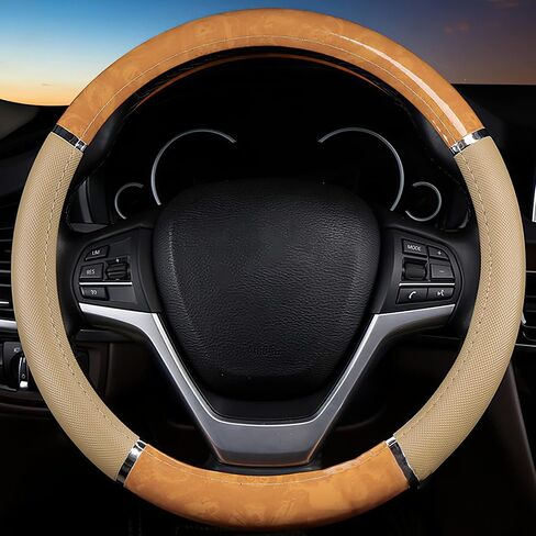Wood Grain Leather Steering Wheel Cover Brown Black Elastic Stretch Car SUV Wheel Protector Breathable Anti-Slip Steering Wheels Accessories for Men Women Universal 15 inch in Saudi Arabia