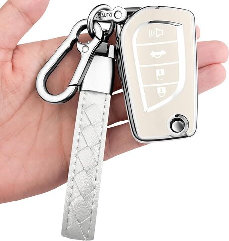Sindeda for Toyota Key Fob Cover with Keychain Soft Full Protection Key Shell Key Case Compatible with Fortuner Tundra Camry RAV4 Highlander Corolla (4 Buttons, White) in Saudi Arabia