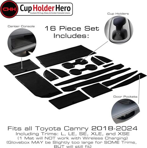 CupHolderHero يناسب ملحقات Toyota Camry 2018-2024 الداخلية المخصصة الفاخرة غير القابلة للانزلاق ومضادة للغبار حامل الأكواب، سجادات بطانة وحدة التحكم المركزية، بطانات جيب الباب مجموعة 16 قطعة (زخرفة بيضاء) in Kuwait