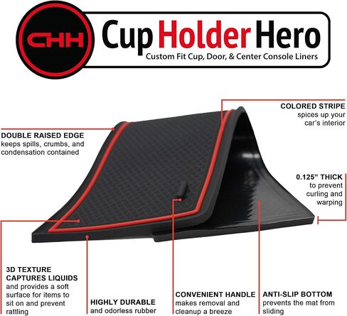 CupHolderHero fits Chevy Corvette Accessories 2014-2024- Premium Custom Interior Non-Slip Anti Dust Cup Holder Inserts, Center Console Liner Mats, Door Pocket Liners 7pc Set (Red Trim) in Saudi Arabia