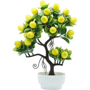 Artificial Lemon Tree Potted 14 Inches Mini Faux Fruit Lemon Tree Bonsai with Vase Yellow Fake Lemon Plant Tree Desk Decoration Farmhouse Style Home Table Centerpiece, 34cm/13.4inch