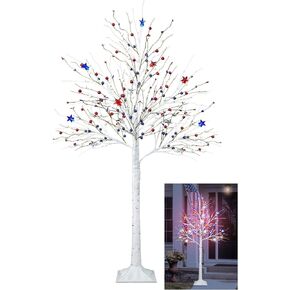 4FT 4th of July Decoration, Lighted Patriotic Tree with 48 LED Red White Blue Star Lights Artificial Birch Tree for Indoor Party Flag Day Independence Day Decor