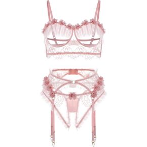 Women's Floral Embroidery Underwire Sexy Hollow Out Bra and Panty with Garter Belts 2 Piece Lingerie Set