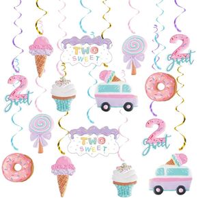 Pastel Ice Cream Two Sweet 2nd Birthday Party Supplies, Ice Cream Donut Party Hanging Swirls Decorations, Summer Ice Cream Party Hanging Streamers for Ice Cream Baby Second Birthday Donut Theme Party