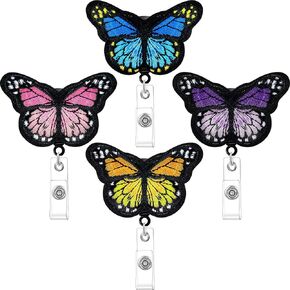 4 Pieces Butterfly Badge Reels Retractable Nurse Badge Holder Cute Butterfly ID Badge Reel with Alligator Clips for Nurses, Volunteers, Students, Teachers (Pink, Yellow, Cyan, Purple)