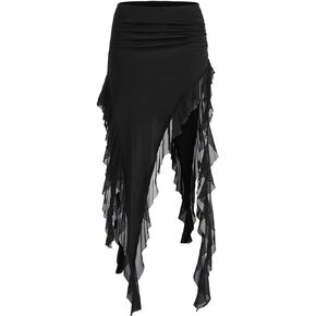OYOANGLE Women's Ruffle Trim Asymmetrical Low Waisted Long Skirts Summer Party Going Out Skirt