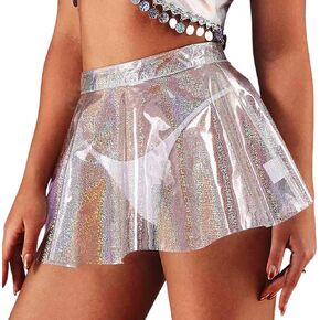 GRAEEN Women‘s Flared Pleated Skirts Glitter See Through Mini Skirt High Waisted Clubwear Skrit Novelty Skirt for Women