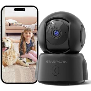GOLSPARK Camera for Home Security, 2K Indoor Security Camera, 2.4GHz WiFi 360 Pet Camera with Night Vision Motion Tracking Detection Two-Way Audio Sleep Mode SD Card Cloud Storage, Black
