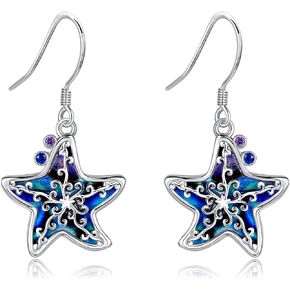 Starfish Earrings 925 Sterling Silver Beach Starfish Dangle Earrings with Abalone Ocean Starfish Jewelry Gifts for Women Girls