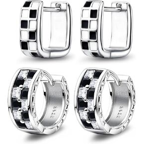 Hoop Earrings for Women Trendy - Checkered Earrings Dainty Silver Earrings White Black Enamel Minimalist Hoops Cubic Zirconia Huggie Earrings Gift for Girls Teens