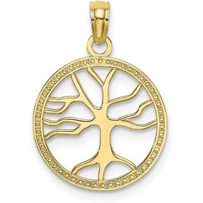 Solid 10k Yellow Gold 3-D SMALL TREE OF LIFE IN ROUND FRAME Charm Pendant
