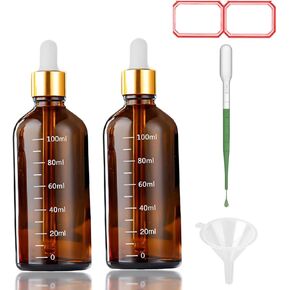 Amber Glass Dropper Bottle 3.4 oz, 2x100ml Amber Brown Glass Eye Dropper Bottles for Essential Oils with Dropper Pipettes, Funnel, and A Plastic Measured Dropper for Diffuser, Beauty Oil Mix