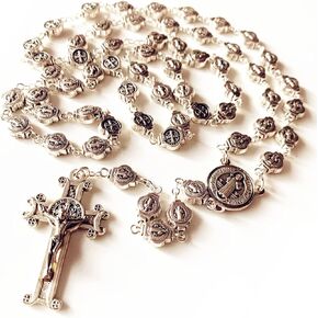 elegantmedical HANDMADE Saint St.Benedict Rosary Crucifix Cross Silver Plated beads Catholic necklace gift box