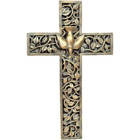 AMAJY Golden Bronze Tone Dove Wall Cross Spiritual Art Holy Spirit Wall Hanging Cross Religious Decoration Blessing Gift (Large 15.75")