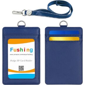 Fushing 2-Sided Leather ID Card Holder with Lanyard, Genuine Leather Badge Holder with 1 ID Window, 2 Card Slots, 1 piece 18.7" PU Leather Detachable ID Lanyard with Swivel J hook(Blue, Vertical)