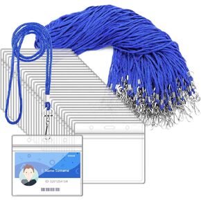 100Pcs Clear Plastic Horizontal Name Tag Badge ID Card Holders and 100Pcs Black Neck Lanyards with Swivel Hook for School, Office, Business