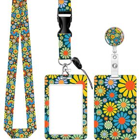 ID Badge Holder with Lanyard and Retractable Reel Clip - Fashionable Card Name Tag Protector for Nurses, Doctors, Teachers, and Students - Soft Fiber, Metal Clip, Sturdy Buckle(Blue Flower)