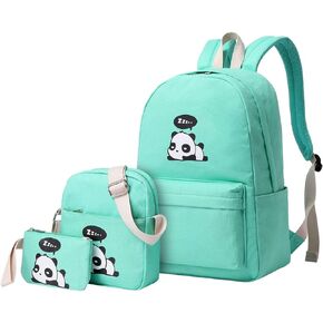 3Pcs Cute Panda Backpacks Set for Teenage Girls Boys Lightweight Casual Canvas School Backpack (Blue)