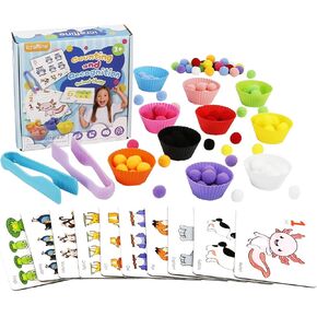 مجموعة 122 قطعة من المهارات الحركية الدقيقة للأطفال - بطاقات عد ألعاب تعلم موضوع الحيوانات، أوعية الفرز، ملاقط، كرات بوم للفرز، العد، التدريب على التعرف in Kuwait