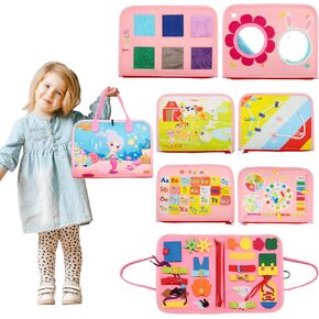 Busy Book for 1 2 3 4 Year Old Boy & Girl Birthday Gifts, Montessori Busy Board as Travel Toys Preschool Leaning, Quiet Book for Toddler Activities Learning Fine Motor Skills, Mermaids Pink