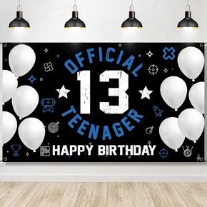 Happy 13th Birthday Decoration for Boys Girls, Fabric Official Teenager Backdrop Banner Blue White, 13 Year Old Birthday Party Yard Sign Photo Props Decor Supplies, Sturdy(6.1 x 3.6ft)