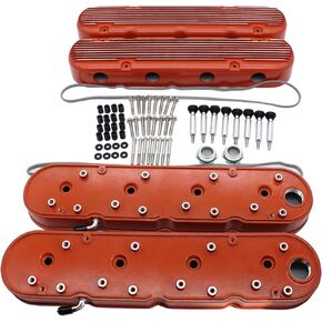1 Set SHLPDFM Finned Orange Cast Aluminum 2-Piece Valve Covers Fits for Chevy Small Block LS1 LS2 LS3 LSX Engines