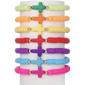 7Pcs Rainbow Cross Bracelet Heishi Surfer Stackable Clay Beaded Bracelet Layering Colorful Friendship For Women Girls Boho Summer Beach Jewelry Gift