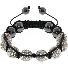 Gem Stone King Black Hematite White Pave Crystal Balls Adjustable Bracelet For Women (10MM)