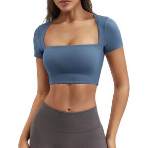 YEOREO Women's Short Sleeve T Shirt Ada Sexy Square Neck Crop Top Slim Fit Crop