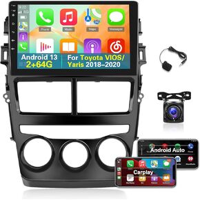 [2+64G] Android 13 Car Radio for Toyota VIOS/Yaris 2018 2019 2020 - Wireless Carplay and Android Auto - 9 Inch Touchscreen Car Stereo with Hi-Fi/WiFi/GPS/SWC + AHD Backup Camera