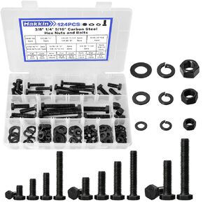 124Pcs Hex Nuts and Bolts 1/4-20, 5/16-18, 3/8-16, Carbon Steel Grade 8.8 Heavy Duty Bolts and Nuts Assortment Kit, Hakkin Assorted Screws Nuts and Bolts and Washers Kit with Storage Case (Black)