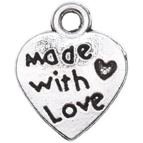 VIDRIO Pack of 80 MADE WITH LOVE Heart Charms Pendants Silver Craft Supplies for Jewelry Making Tibetan Accessories for Bracelets Necklace DIY