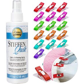 Aleenes Stiffen Quik Fabric Spray (8oz) - Washable Adhesive for Fabric, Textiles, Hats, Bags, and Crafts. Includes 20 Sewing Clips