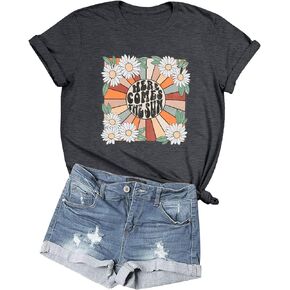 Here Come The Sun Shirt Women Cute Floral Graphic Tshirt Travel Beach Vacation Shirt Casual Holiday Summer Tee Tops