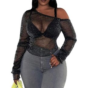 SOLY HUX Women's Plus Size T Shirts Glitter Mesh Sheer Tee Off Shoulder Long Sleeve Tops