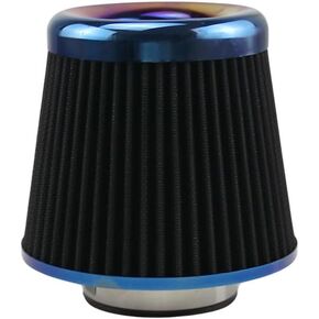 RULLINE 76mm 3" High Flow Round Tapered Cone Cool Air Filter Clamp-On Air Intake Filter Washable Replacement Air Filter Blue Burning Process Carbon Style