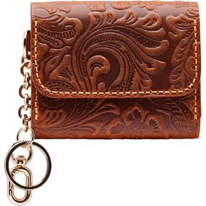 Toros Craft Handmade Keychain Wristlet Wallets for Women, Western Floral Leather Small Credit Card Holder with Zipper, Minimalist & Cute Coin Pouch, Genuine Leather (Black)