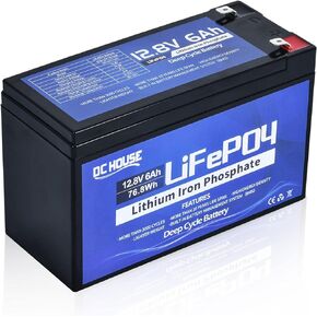 DC HOUSE 12V 6Ah Rechargeable LiFePO4 Lithium Iron Phosphate Battery with 3000+ Times Deep Cycles and BMS Protection for Fish Finder, Power Wheels, Scooter, Light, Kids Car,UPS